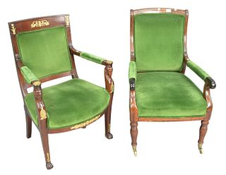 Two piece lot to include George IV Rosewood Armchair, circa 1860, height 38 inches, along with a neoclassical armchair with paw feet and pharoah suppo