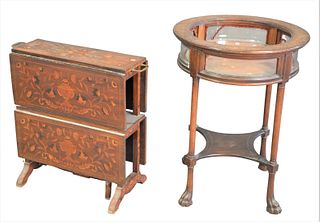 Two Piece Lot to include marquetry inlaid double drop leaf table along with round curio table, curio height 30 inches, curio diameter 22 1/2 inches.