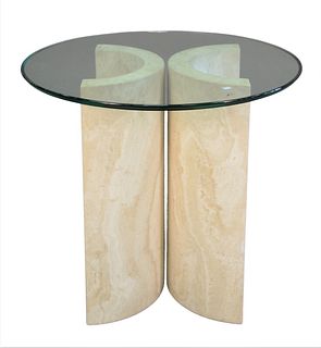 Contemporary Round Glass Top Table on two part base, height 29 inches, diameter 32 inches.
