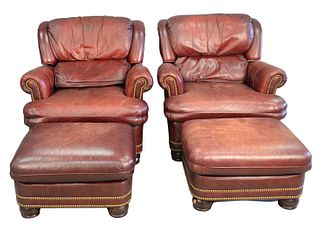 Pair of Hancock and Moore Leather Easy Chairs with Ottomans, height 33 inches, width 35 inches, (slight wear).