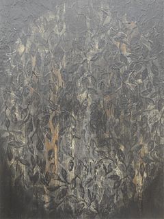 Sabina Ott (American, 1955-2018), Disappearance and Return, 1989, oil and encaustic on board, signed on the reverse, 44" x 36".
