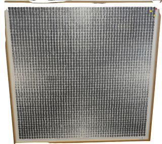 Brenda Miller (American, b. 1941), Black X, 1977, ink stamp on stamp, unsigned, 52" x 52", along with a Sperone Westwater Fischer Gallery label adhere
