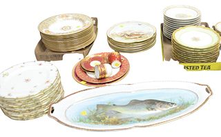 Large China Lot to include 13 piece fish set, set of 12 Wedgwood Etruria bowls, Limoge plates and bowls, bird plates, along with Minton cups and sauce