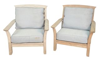 Four Piece Teak Outdoor Group to include pair of Kingsley Bate teak armchairs, along with a pair of outdoor classic tables, width 34 inches, depth 32 