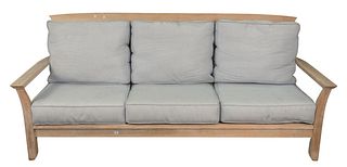 Kingsley Bate Teak Outdoor Sofa, along with teak coffee table, length 84 inches, depth 32 inches.