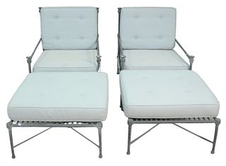 Four Piece Restoration Hardware Outdoor Set with upholstered cushions, to include pair of chairs and pair of ottomans, height 32 inches, width 27 inch