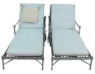 Pair of Restoration Hardware Chaise Lounges with upholstered cushions, width 27 1/2 inches, length 70 inches.