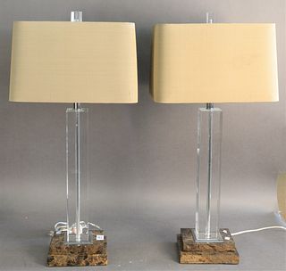 Pair of Contemporary Glass Table Lamps having square column form or granite bases with John RIchard silk shades, height 34 inches.