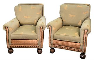 Pair of Stanford Furniture Company Armchairs with leopard print upholstery and woven panels, height 35 1/2 inches, width 32 inches.