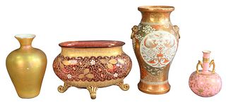 Four Piece Lot to include Minton vase; iridescent gold vase; cranberry enameled vase with strawberries (one rim chip); along with a Japanese vase (sma