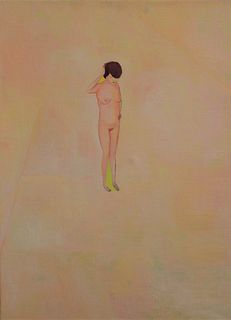 Hubert Schmalix (Austrian, b. 1952), titled "F", nude woman, 1987, oil on canvas, signed and dated on back, 32 1/2" x 23 5/8".