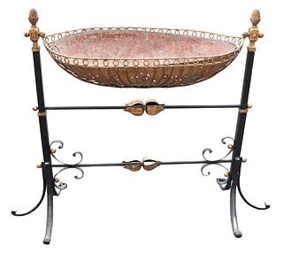 French Iron Swing Planter, black with gilt accents, height 40 inches and 37 inches.