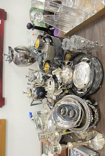Large Lot of Silver Plate, to include tea and coffee set, candlesticks, vegetable dishes, etc., coffee pot height 18 1/2 inches.