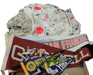 Two box lots to include a group of College Pennants, along with a silk embroidered shawl with flowers.