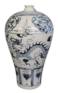 Chinese Ming Style Blue and White Vase having two three-clawed dragon decorations, marked to the underside, height 17 1/2 inches.