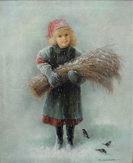 G. Serrure (20th century), Little Girl with Hay, oil on canvas, signed lower right "G. Serrure", 24 1/4" x 20".