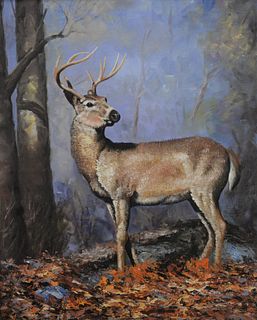 Justus (20th Century), Autumn Buck, oil on canvas laid on board, signed lower right "Justus", 19 1/2" x 15 1/2".