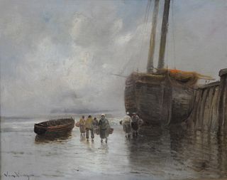 Von Voos (Dutch, 19th/20th century), Docked, oil on canvas, signed lower right "Von Voos", 16 1/4" x 20 1/4".