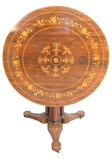 English Rosewood Round Tip Table having marquetry inlaid top, column pedestals and inlaid legs, late 19th century, height 28 3/4 inches, diameter 37 3