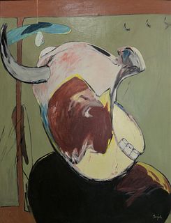 Juan Barjola (Spanish, 1919-2004), Cabeza de Toro, 1983, oil on canvas, signed lower right "Barjola", 43 3/8" x 33 1/2".