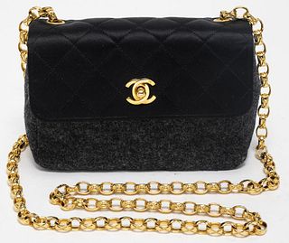 Chanel Black Satin And Grey Felt Handbag