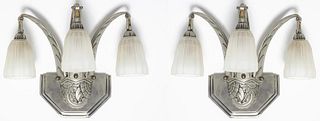 French Art Deco Triple Light Sconces, Pair