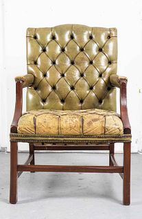 George III Style Tufted Green Leather Armchair