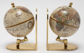World Globe on English Brass Bookends, Pair