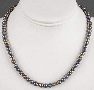 14K Yellow Gold & Gray Pearl Bead Choker Necklace