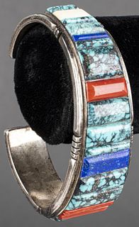 Navajo Silver Turquoise, Lapis & Coral Bracelet