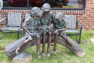 Large Patinated Bronze Sculpture Of Kids Seated