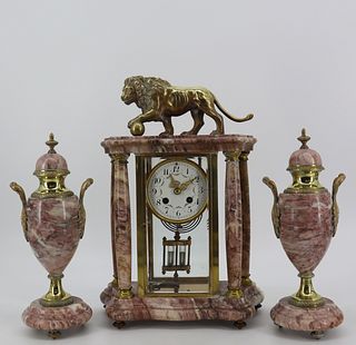 Antique French Marble And Brass Clock Garniture