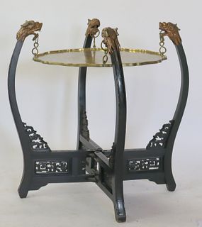 Asian Inspired Ebonised 2 Tier Table With Foo Lion