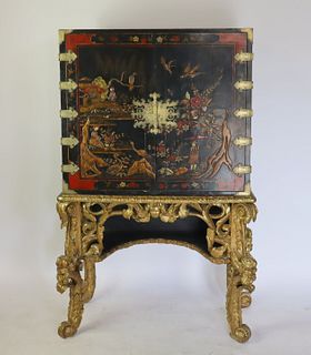 Antique Chinoiserie Decorated Lacquered Cabinet On