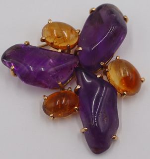 JEWELRY. 14kt Gold and Polished Gem Brooch.