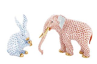 Collection of 2 Herend Fishnet Porcelain Animals