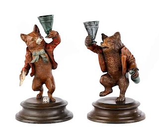 2 Cold Painted Candlesticks, Fox Croupier & Bear