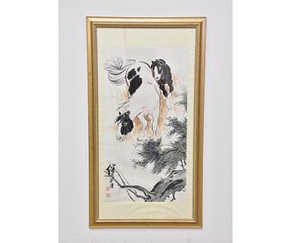 Large Chinese Watercolor of Horses