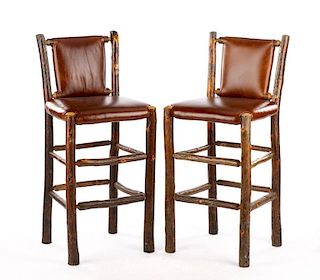 Pair of Old Hickory Rustic Leather Bar Stools