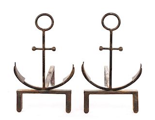 Pair of Heavy Iron Anchor Motif Andirons