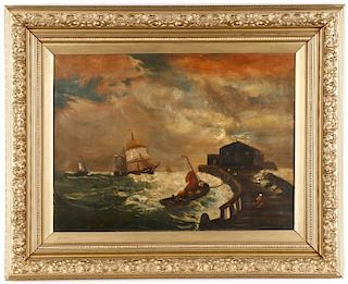English School, Boats in Harbor, Signed O/C