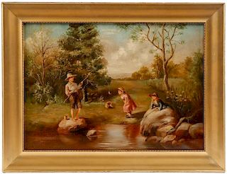 Unsigned American School Oil "Fishing at the Pond"