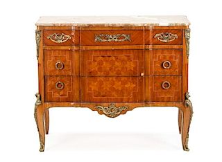 French Style Parquetry Marble Top Commode, 20th C.