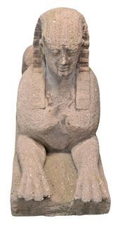 Pair of Sandstone Type Sphinx style Figures, height 24 inches, length 34 inches, (one as is).