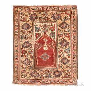 Melas Rug, Turkey, first half 19th century, 3 ft. 11 in. x 3 ft. x 3 in.

Provenance: "Moustapha Avigdor Galleries, Boston, Mass." label on the back.