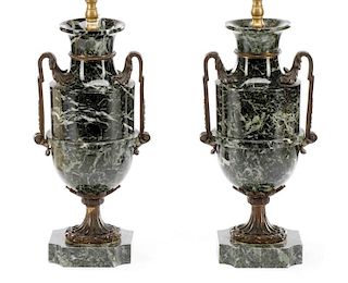 Pair of Bronze Mounted Green Marble Urn Lamps