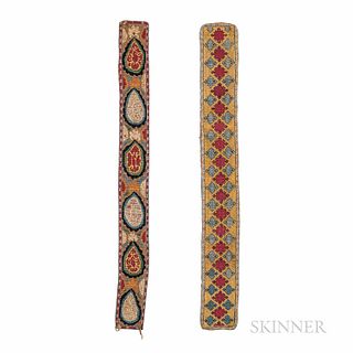 Two Silk Needlepoint Belts, Central Asia, 19th century, 33 in. x 4 1/2 in. and 33 in. x 3 1/2 in.