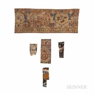 Five Early Rug Fragments, including two "Vase Carpet" pieces, a "Shah Abbas" carpet piece, Iran, 17th century, 18 in. x 9 in., a Northeast Persian bor