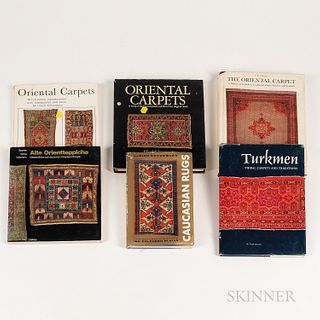 Seven Rug Books, including Schurmann's Caucasian Rugs (1968), Turkmen, by Mackie & Thompson, and Kilims, by Yanni Petsopolis.