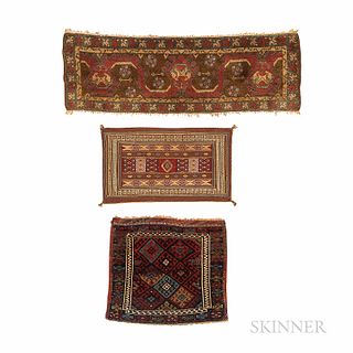 Three Textiles, a Jaf Kurd bagface, Iran, c. 1920, 1 ft. 6 in. x 1 ft. 9 in., a Moroccan flatwoven bag, 1 ft. 1 in. x 1 ft. 11 in., and a Northwest Pe